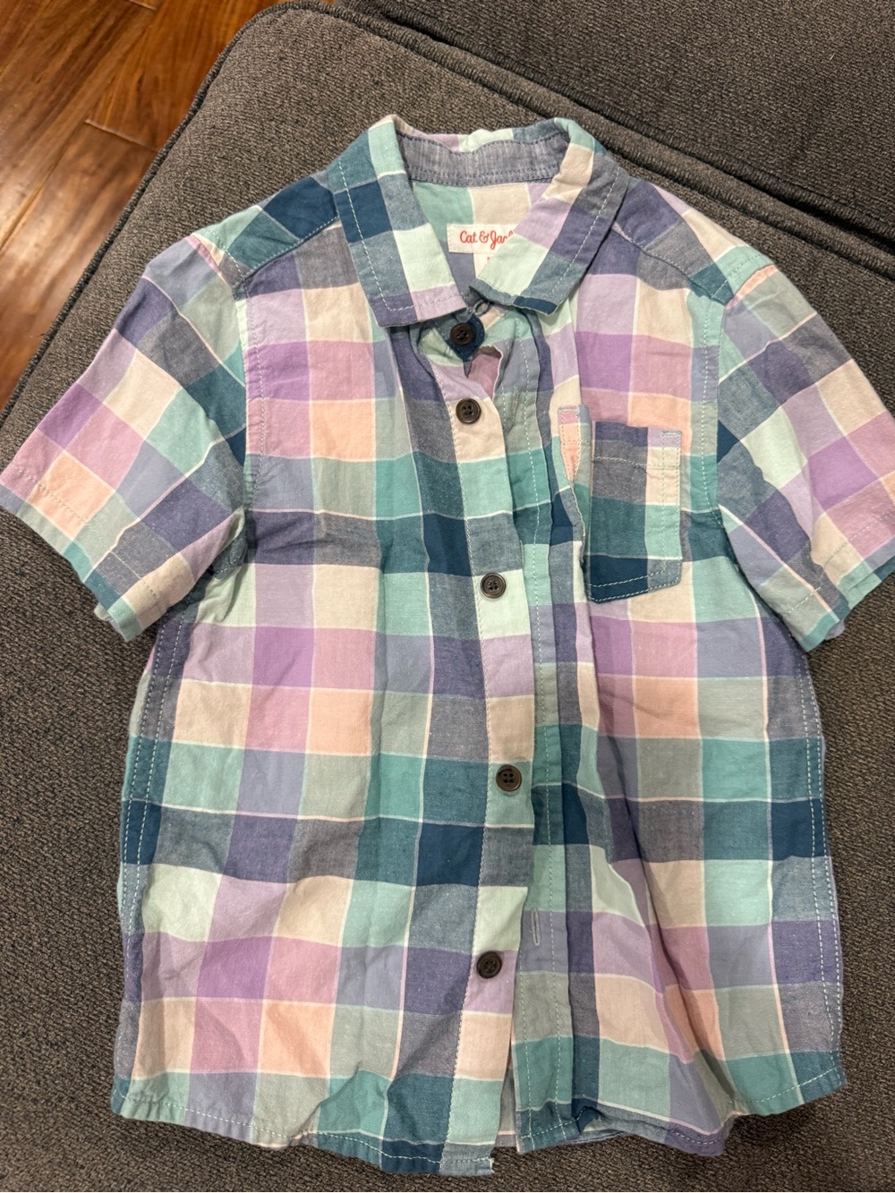 Cat & Jack Pastel Plaid Short-Sleeve Button-Down — Mint, Lavender & Navy